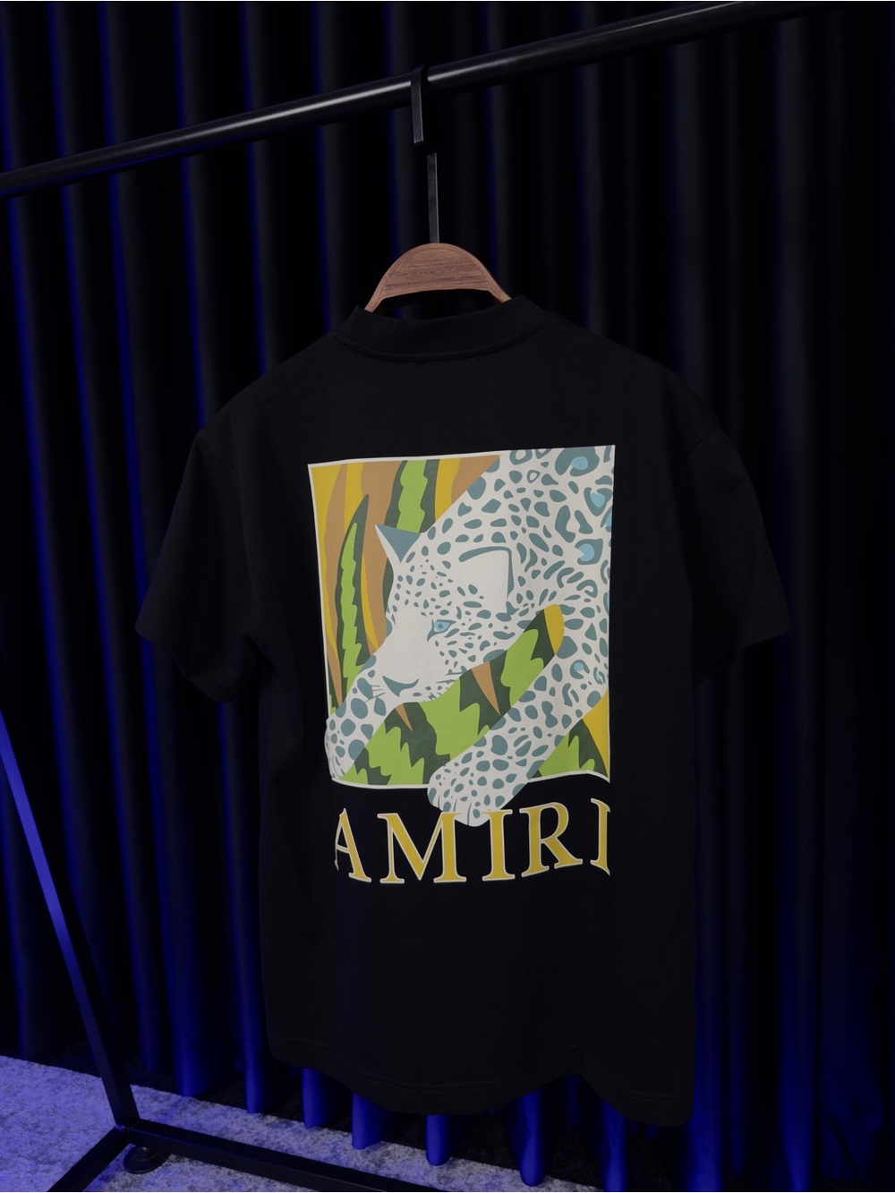 AMIRI Black T-Shirt with White Leopard Graphic and Green/Yellow Accents